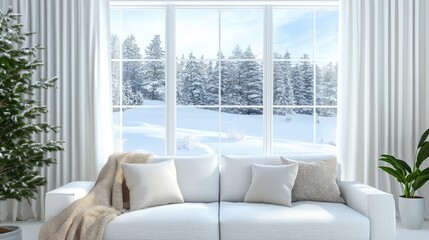 Poster - Cozy white room featuring a sofa and a winter landscape visible through the window showcasing Scandinavian interior design 3D rendering