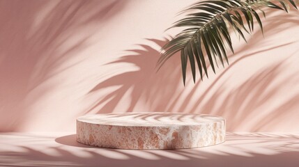 Poster - 3D rendered illustration of an abstract geometric podium composition featuring palm leaf shadows on a pastel backdrop minimalist concept for product display luxury pedestal and branding mockup