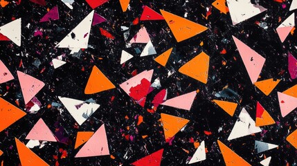 Poster - Black and white with orange red pink and violet hues Abstract extruded triangle pattern featuring various shapes