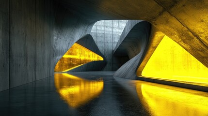 Poster - Dark abstract concrete room with a smooth interior featuring yellow glass Architectural backdrop with an illuminated night scene 3D rendering and illustration
