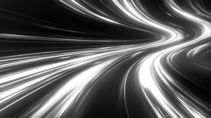 Poster - Black and white illustration featuring dynamic metallic neon curves creating an electrifying abstract background with a sense of motion