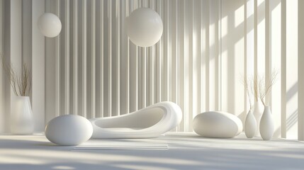 Poster - Dynamic interior featuring white opaque objects 3D illustration and rendering