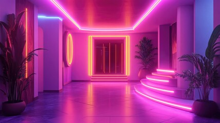 Poster - Futuristic abstract interior design featuring neon lighting 3D rendered illustration