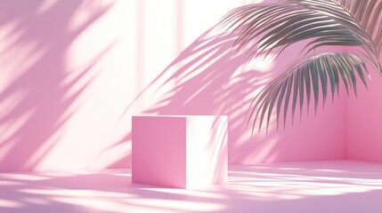 Poster - 3D rendered illustration of an abstract geometric podium composition featuring palm leaf shadows on a pastel backdrop minimalist concept for product display luxury pedestal and branding mockup