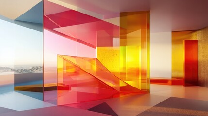 Poster - Abstract architectural interior featuring a gradient geometric glass sculpture presented through 3D illustration and rendering