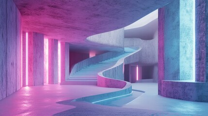 Poster - Futuristic sci fi interior featuring glowing pink and blue neon tubes in an abstract concrete design 3D illustration and rendering