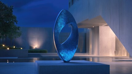 Poster - Futuristic minimalist interior featuring a blue sculpture Night scene with an architectural backdrop 3D illustration and rendering