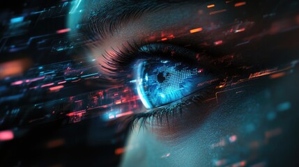 Poster - Futuristic technology concept featuring blue eye representation cyber security themes and abstract high speed digital internet with motion blur and pixel effects