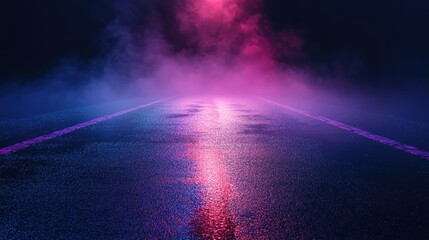 Poster - Dark street reflection on wet asphalt with neon light rays and smoke creates an empty background scene perfect for an abstract display