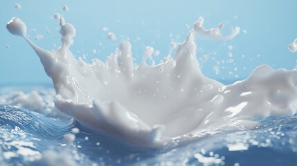 Poster - A splash of milk against a blue backdrop in a 3D illustration