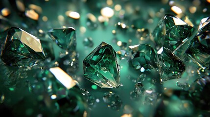Poster - Emerald green gemstones scatter against an abstract luxurious backdrop in this 3D rendering