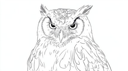 Wall Mural - minimalist line art of an owl with wise, focused eyes, and intricate feather detail on a white backg