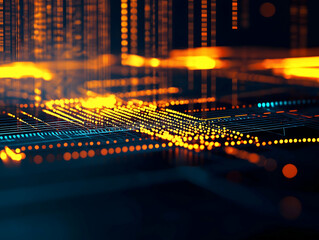 Leinwandbilder - A vibrant, abstract digital landscape featuring glowing lines and patterns, resembling a futuristic data network or circuit board.