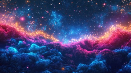 Poster - Dark retro futuristic neon abstraction featuring a cosmic theme with a 3D starry sky and a glowing galaxy backdrop