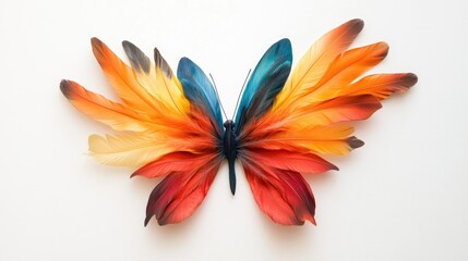 Poster - Vibrant feathers and a butterfly displayed against a white backdrop