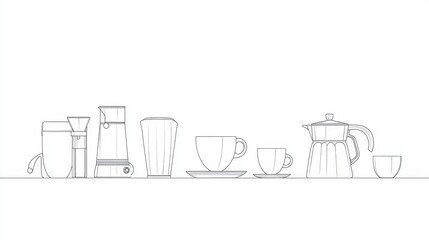 Wall Mural - minimalist line art of coffee brewing setup with mug and kettle, carefully outlined on white