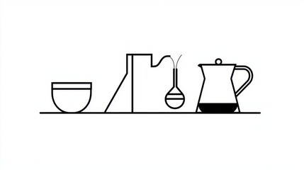 Wall Mural - minimalist line art of coffee brewing setup with mug and kettle, carefully outlined on white