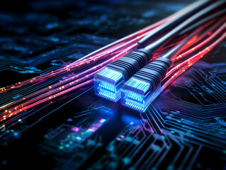 Poster - A close-up view of glowing network cables against a dark electronic circuit background, highlighting technology and connectivity.