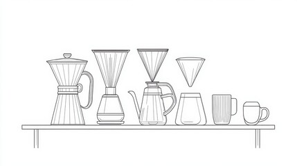 Wall Mural - minimalist line art of coffee brewing setup with mug and kettle, carefully outlined on white