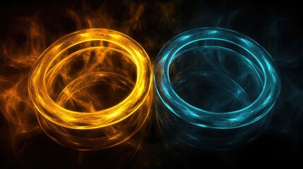 Poster - Abstract fractal background featuring four interconnected rings arranged in a square showcasing dark tones with vibrant glowing yellow and blue colors in high resolution