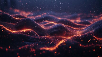 Poster - Abstract digital landscape featuring particles and plexus effects in a 3D design against a dark backdrop