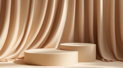 Poster - 3D brown cream cylinder podium with a minimal studio backdrop Abstract geometric shape illustration render for showcasing cosmetic or fashion products