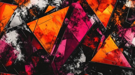 Poster - Black and white with orange red pink and violet hues Abstract extruded triangle pattern featuring various shapes