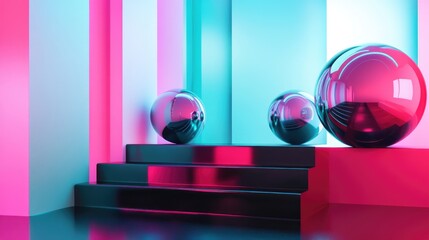 Poster - Dynamic interior featuring smooth black and colored gradient objects 3D illustration and rendering