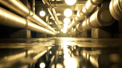 Poster - A dimly lit tunnel of pipes glows with white neon lights and lamps featuring a blurred reflection on the floor 3D rendered imagery