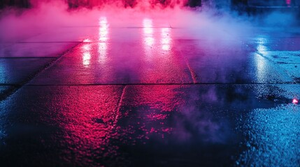 Poster - Dark street reflection on wet asphalt with neon light rays and smoke creates an empty background scene perfect for an abstract display