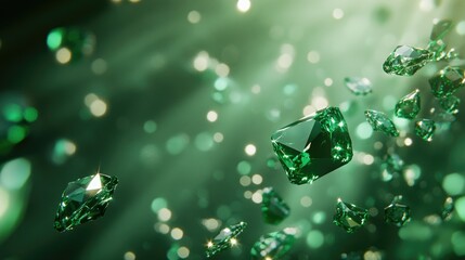 Poster - Emerald green gemstones scatter against an abstract luxurious backdrop in this 3D rendering