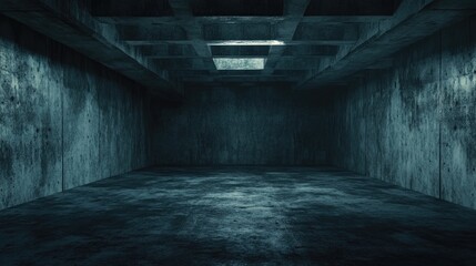 Poster - Empty interior of a dark basement room with concrete walls Architectural background in a 3D rendered image