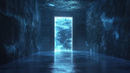 Poster - Dimly lit space featuring a luminous door 3D rendering Digital artwork creation