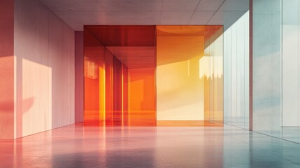 Poster - Abstract architectural interior featuring a gradient geometric glass sculpture presented through 3D illustration and rendering