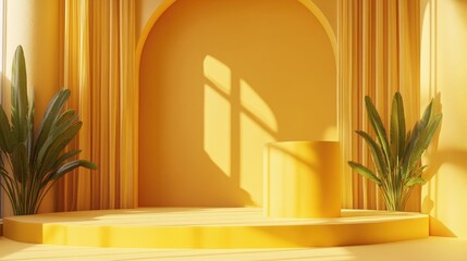 Poster - 3D rendered background featuring a yellow podium designed for product presentations with a matching yellow backdrop