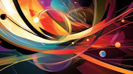 Poster - Colorful abstract composition featuring dynamic lines and circles in various hues and movements
