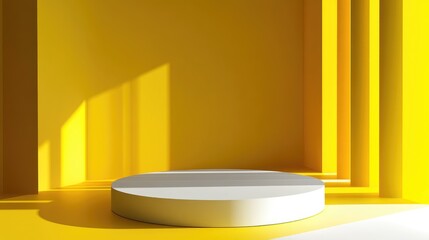 Poster - 3D rendering of an abstract geometric composition in yellow and gray featuring a podium Minimalist studio design with ample copy space for futuristic product showcases and presentations