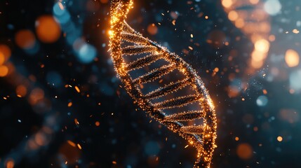 Poster - 3D rendering of a helix DNA structure with particles and polygons creating an illustrative background suitable for design purposes