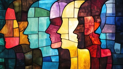 Poster - Human profiles and symbols blend with vibrant color patterns in a stained glass backdrop inspiring creativity and imaginative design concepts