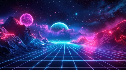 Poster - Dark retro futuristic neon abstraction featuring a cosmic theme with a 3D starry sky and a glowing galaxy backdrop