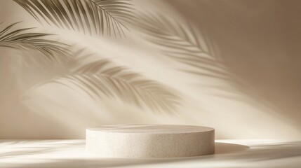 Poster - 3D rendered illustration of an abstract geometric podium composition featuring palm leaf shadows on a pastel backdrop minimalist concept for product display luxury pedestal and branding mockup