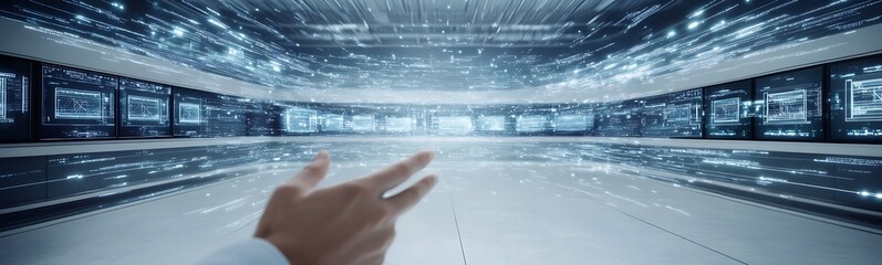 Poster - A futuristic hand reaches out in a luminous, high-tech environment filled with sparkling lights and reflective surfaces.