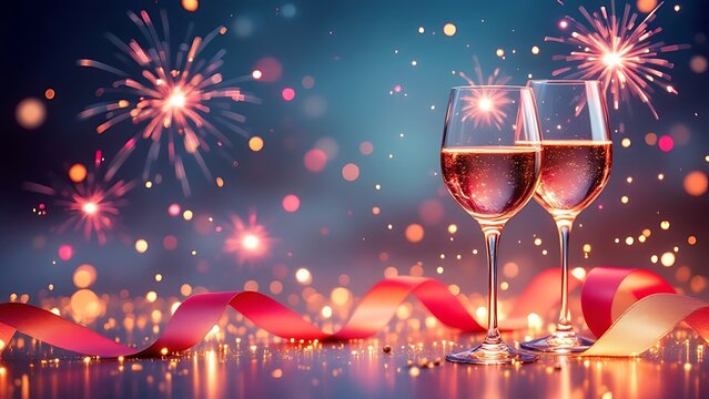 Happy new year Background and social media Banner Poster design with ribbon wine firework pastel  Background