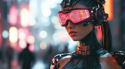 Poster - muscular woman in a cyberpunk outfit appears to be halting 3d illustration