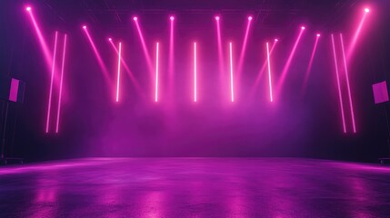 Poster - Abstract ultraviolet light display featuring diode tape and a gradient of violet and pink Modern neon lights create an empty stage with spotlights enhancing the visual ambiance