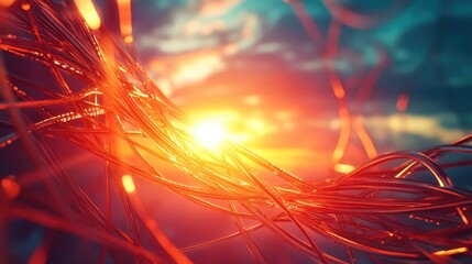 Aufkleber - Abstract 3D background featuring a dynamic sky intertwined data cables and a captivating lens flare effect
