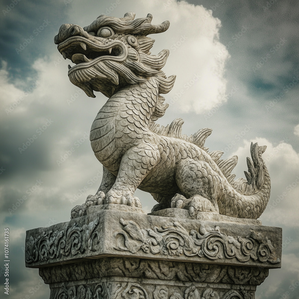 Ancient dragon statue standing tall on a decorated pedestal, cloudy sky ...