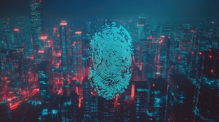 Poster - Night cityscape featuring a digital hologram of a fingerprint overlay highlighting the theme of urban security technology in a double exposure effect