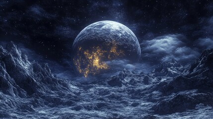 Poster - abstract planet reflected on a dark background created using computer generated fractal imagery