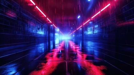 Poster - Dimly lit street with neon reflections on wet pavement illuminated by beams of light and red lasers An abstract dark blue backdrop enhances the night scene